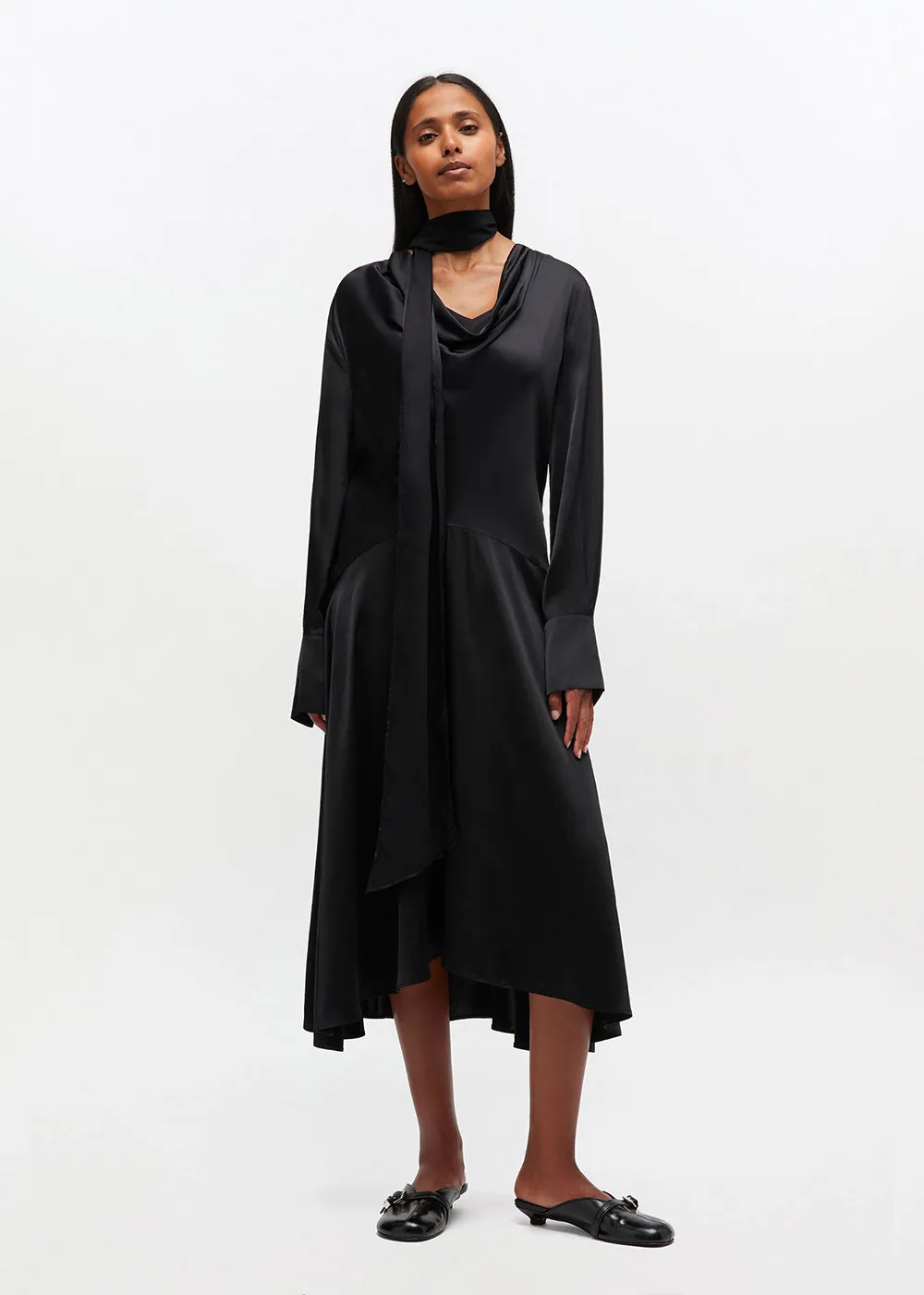 Heat Wave Solid Stretch Satin Cowl Scarf Midi Dress