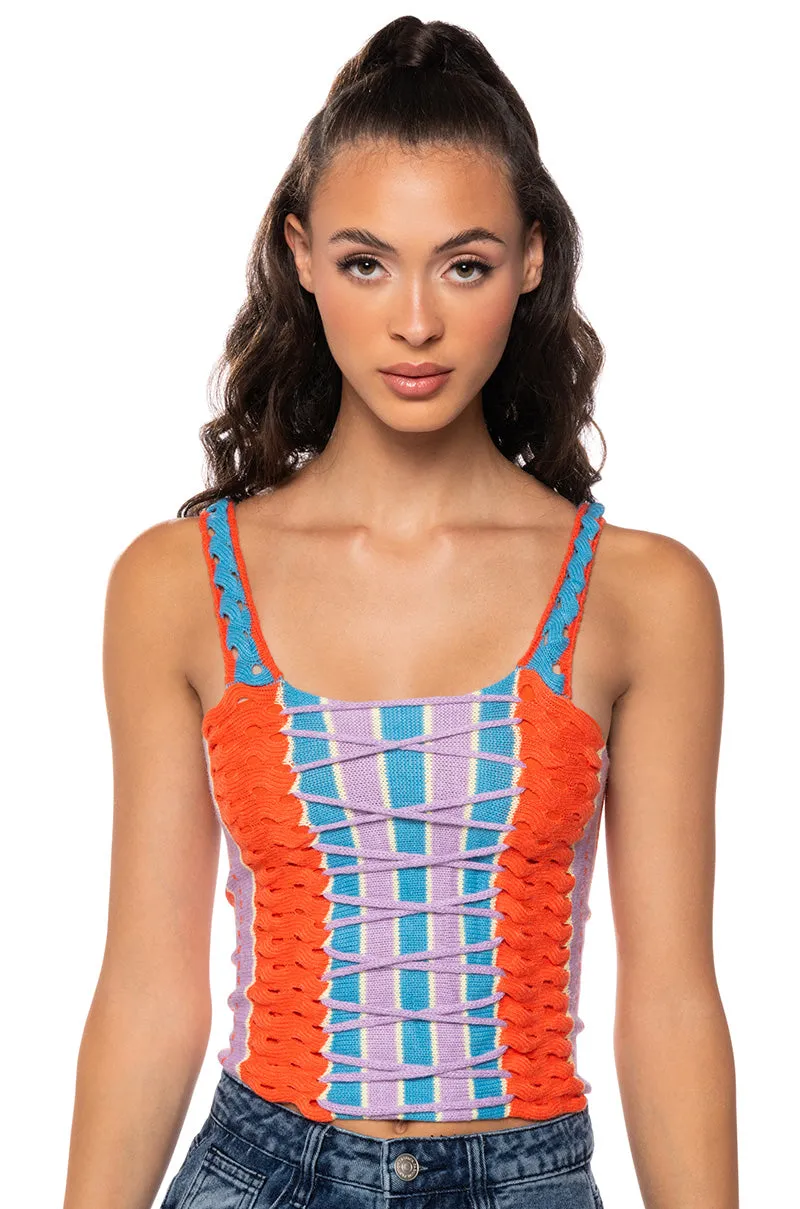 Cross Back Ventilation Design Moisture Transport Fabric CALIFORNIA DREAMING KNIT LACE UP TANK TOP