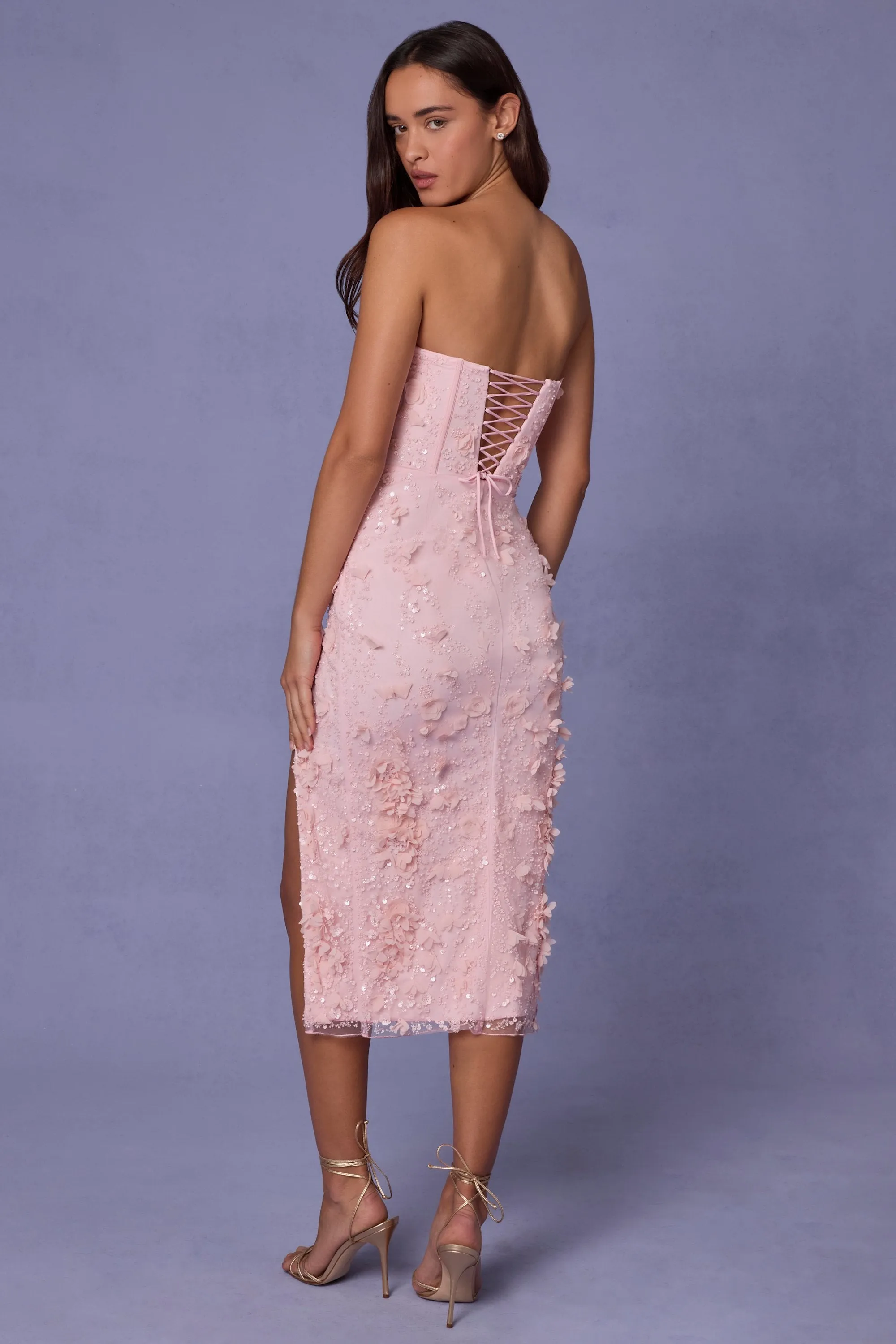 Lace-Up Corset Midaxi Dress with Split in Soft Pink Downtown Cool Boho Light