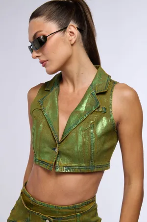 Core Comfort Quick Soft SHES GLOWING METALLIC DENIM HALTER TOP