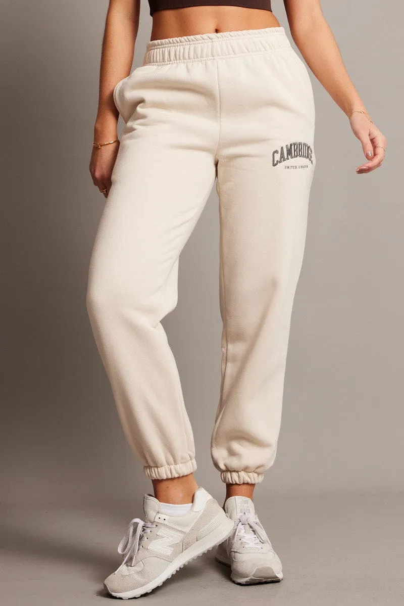 Beige Track Pants High Rise Basic Stretch Lightweight Material