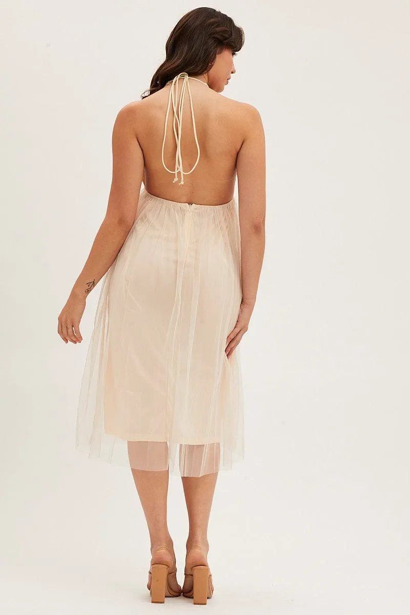 Stylish Appearance Cozy midi dress Beige Midi Dress Backless V Neck Lace