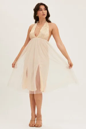 Beige Midi Dress Backless V Neck Lace Rain Path Island Mood