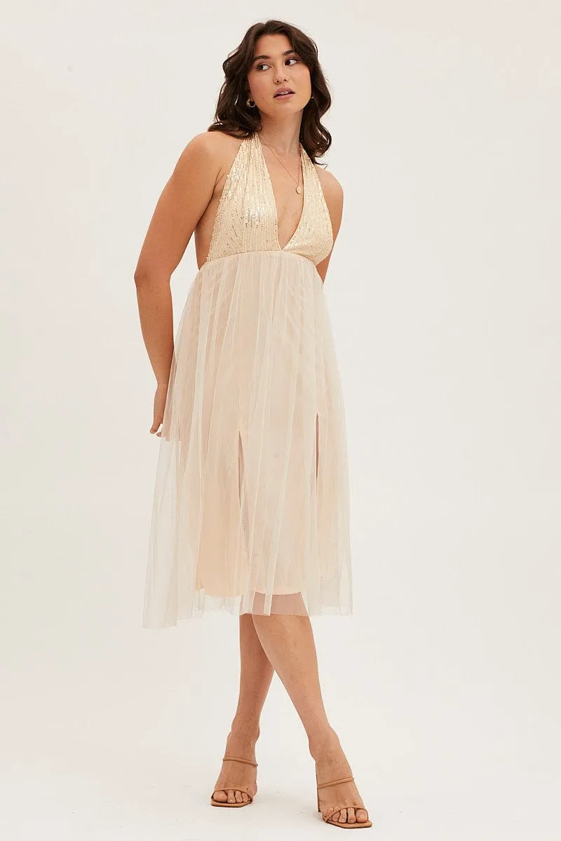 Casual Yet Chic Flattering dress for all body shapes Beige Midi Dress Backless V Neck Lace