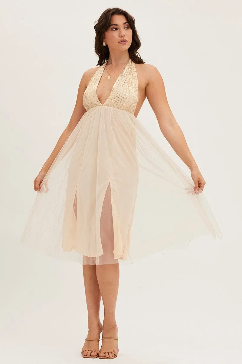 Beige Midi Dress Backless V Neck Lace Rain Path Island Mood
