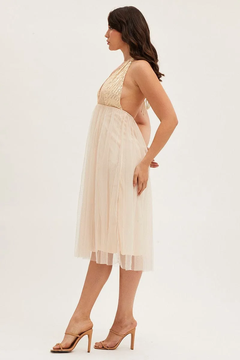 Stylish Casual Young Professional Beige Midi Dress Backless V Neck Lace