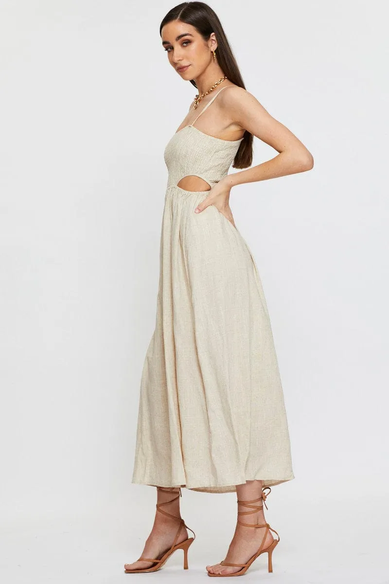 Beige Midi Dress Sleeveless Flattering Fit