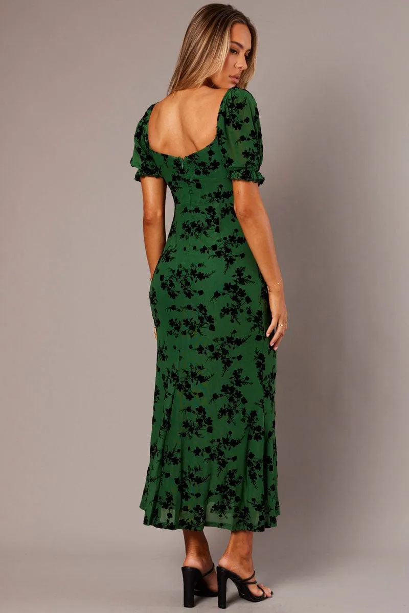 Green Midi Dress Puff Sleeve Burn Out Relaxed Appearance