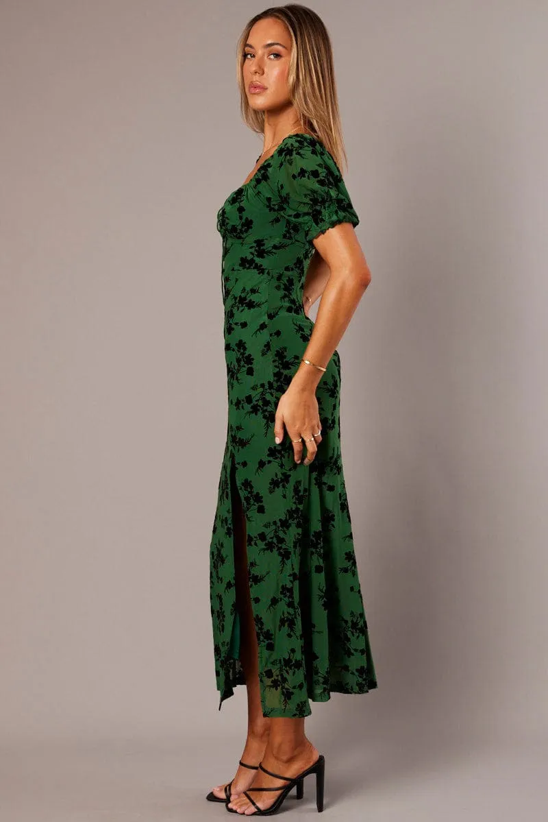 Green Midi Dress Puff Sleeve Burn Out Sleek And Stylish