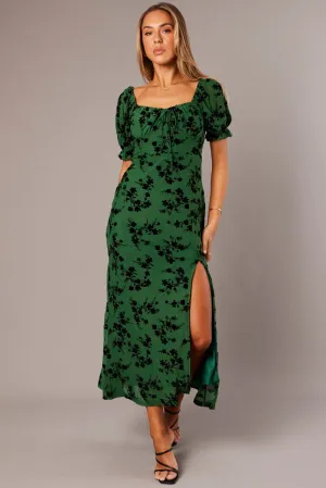 All Season Look Shine Spot Green Midi Dress Puff Sleeve Burn Out