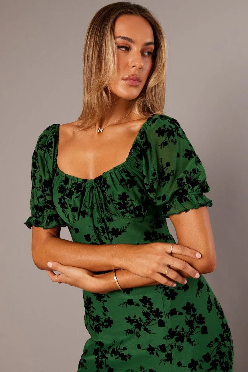 Green Midi Dress Puff Sleeve Burn Out Elegant Layers