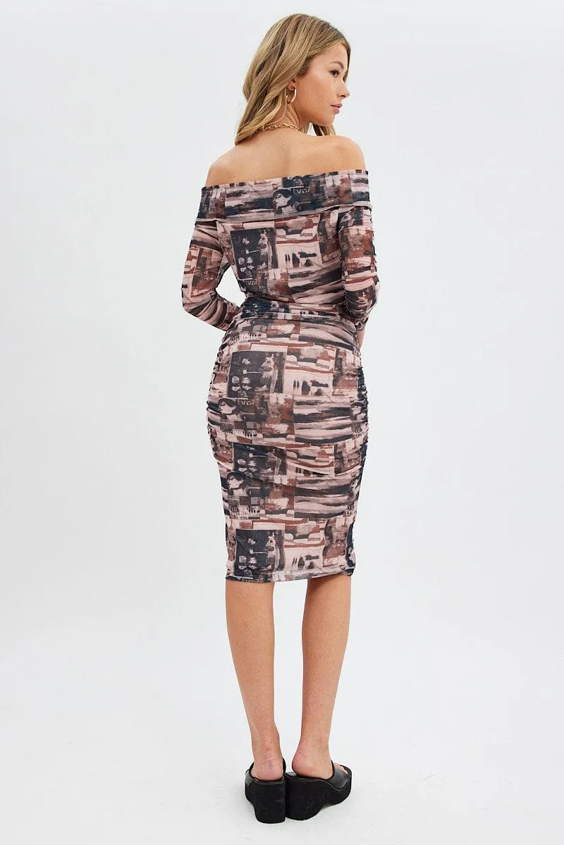 Chic and Simple Chic For Work Brown Print Midi Dress Bardot Off Shoulder Bodycon Ruched
