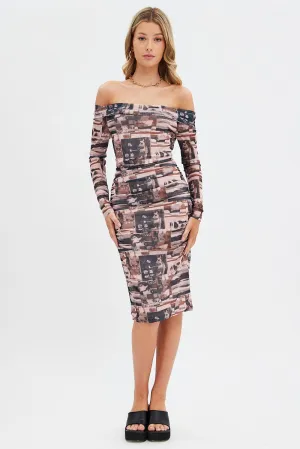 Work Attire All Day Elegance Brown Print Midi Dress Bardot Off Shoulder Bodycon Ruched