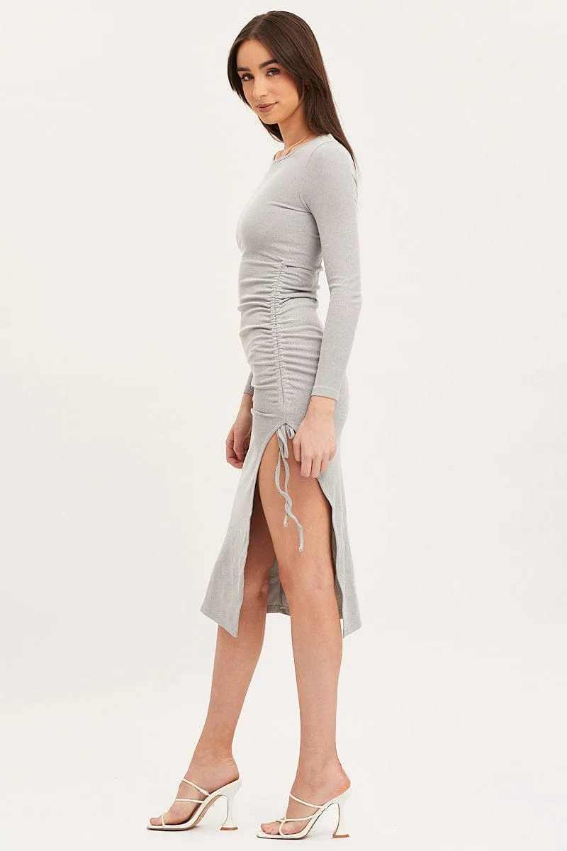 Elegant office dress Grey Midi Dress Long Sleeve Bodycon
