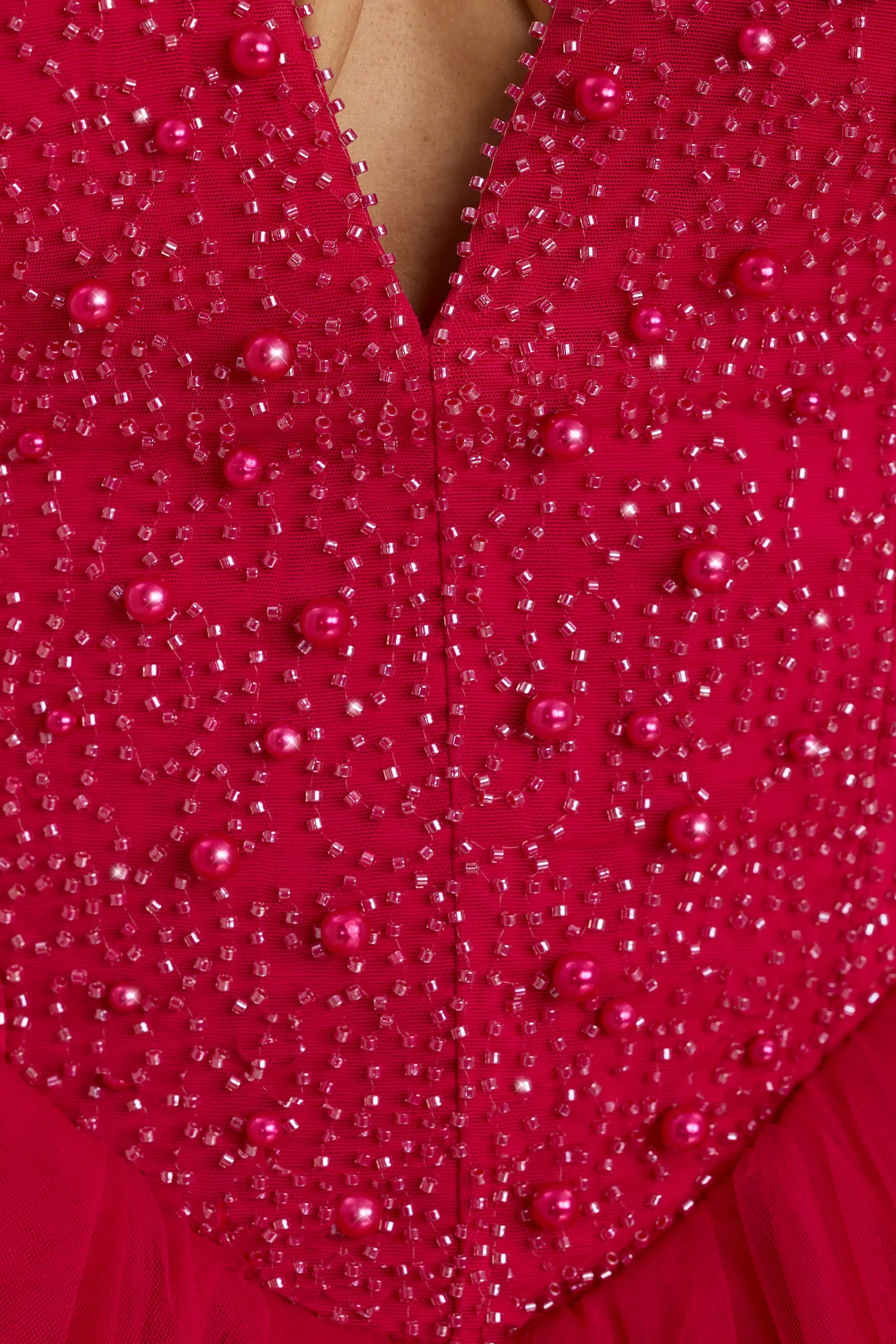Stage Beat Vibrant Chic Wear Plunge Neck Tulle Mini Dress in Hot Pink