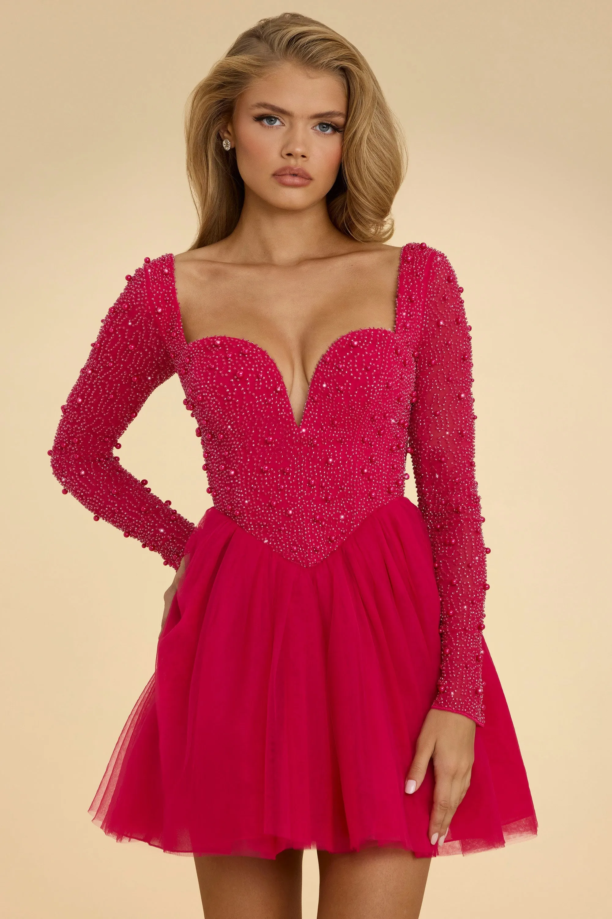 Plunge Neck Tulle Mini Dress in Hot Pink Look Sharp Rounded Neckline