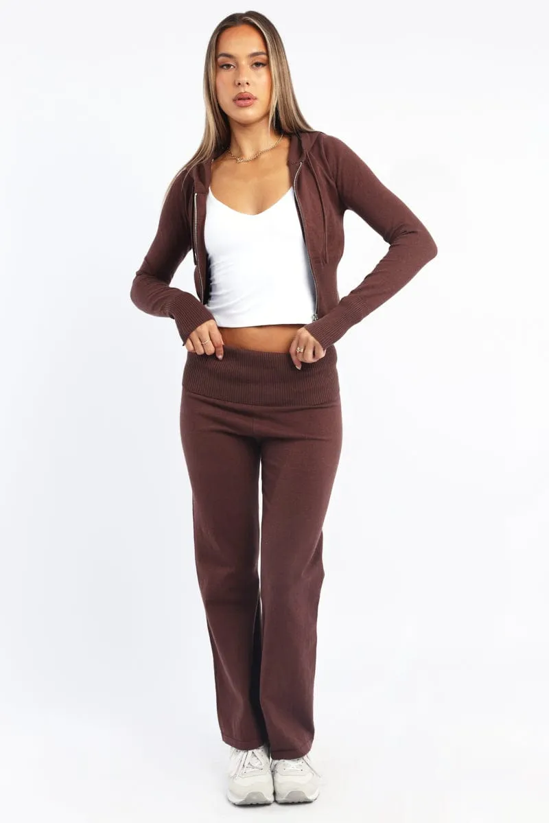 Brown Wide Leg Pants Knit Water resistant coating Premium Look