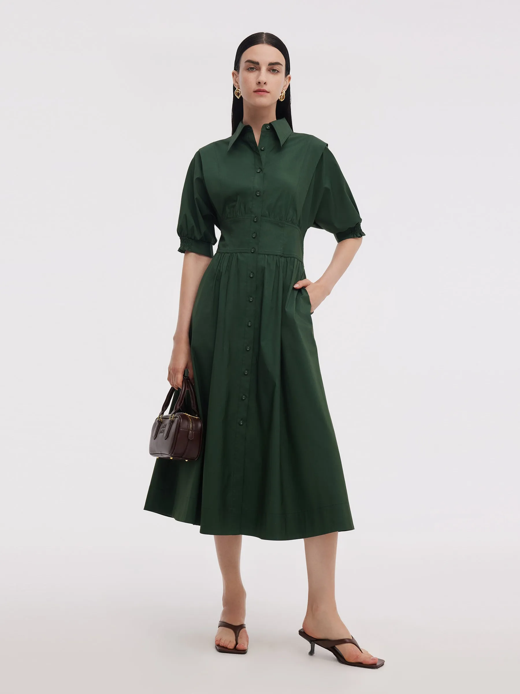 Dark Green Gathered Waist Women Maxi Shirt Dress AntiStatic Treatment KnotFree Tailoring