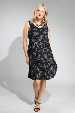 Printed Viscose sleeveless Dress | Blk Wht Stitch Floral | 3347A1 FlexibleJointConstruction