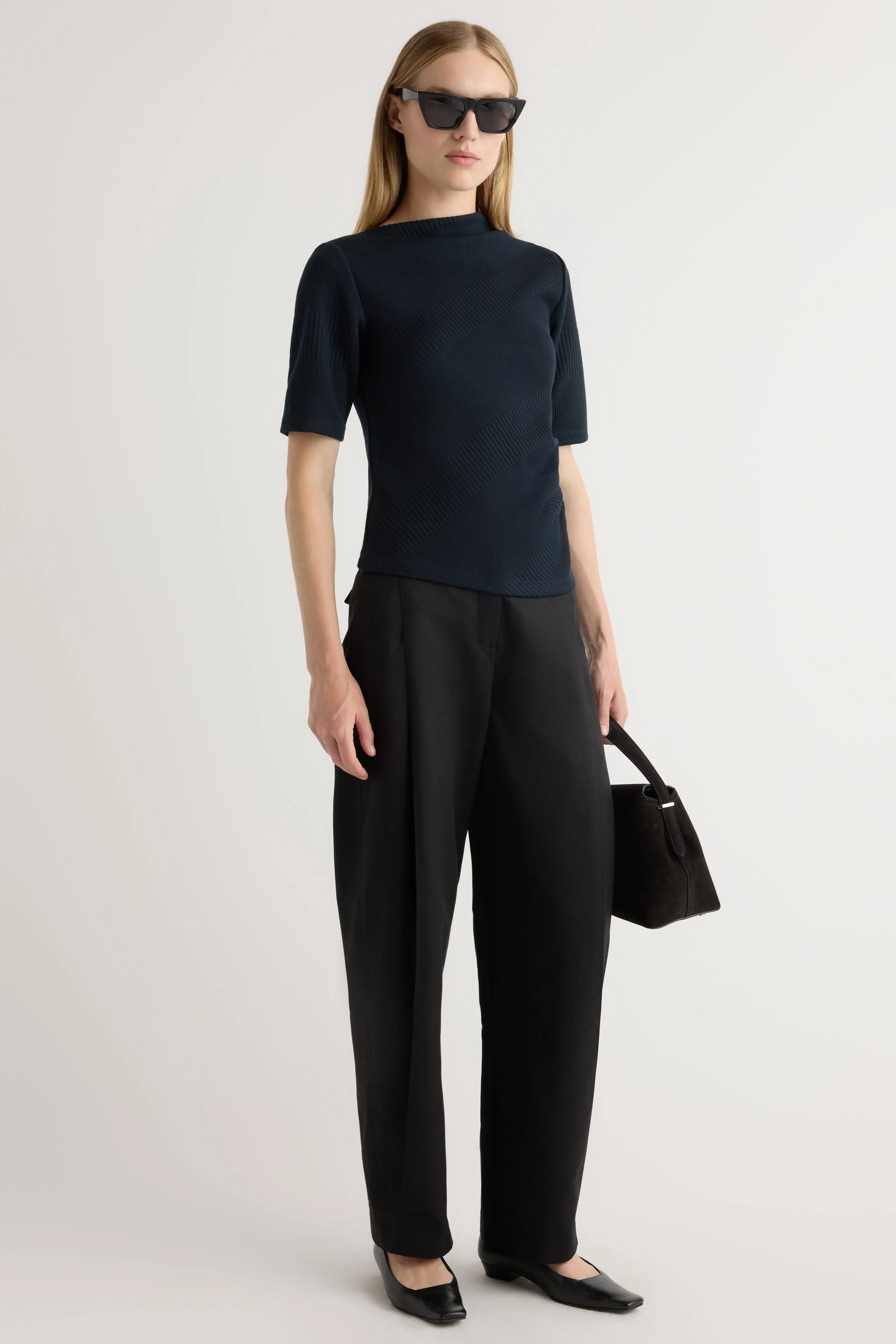 Pauline Ribbed Asymmetric-Neck Top Wrinkle Resistant Texture