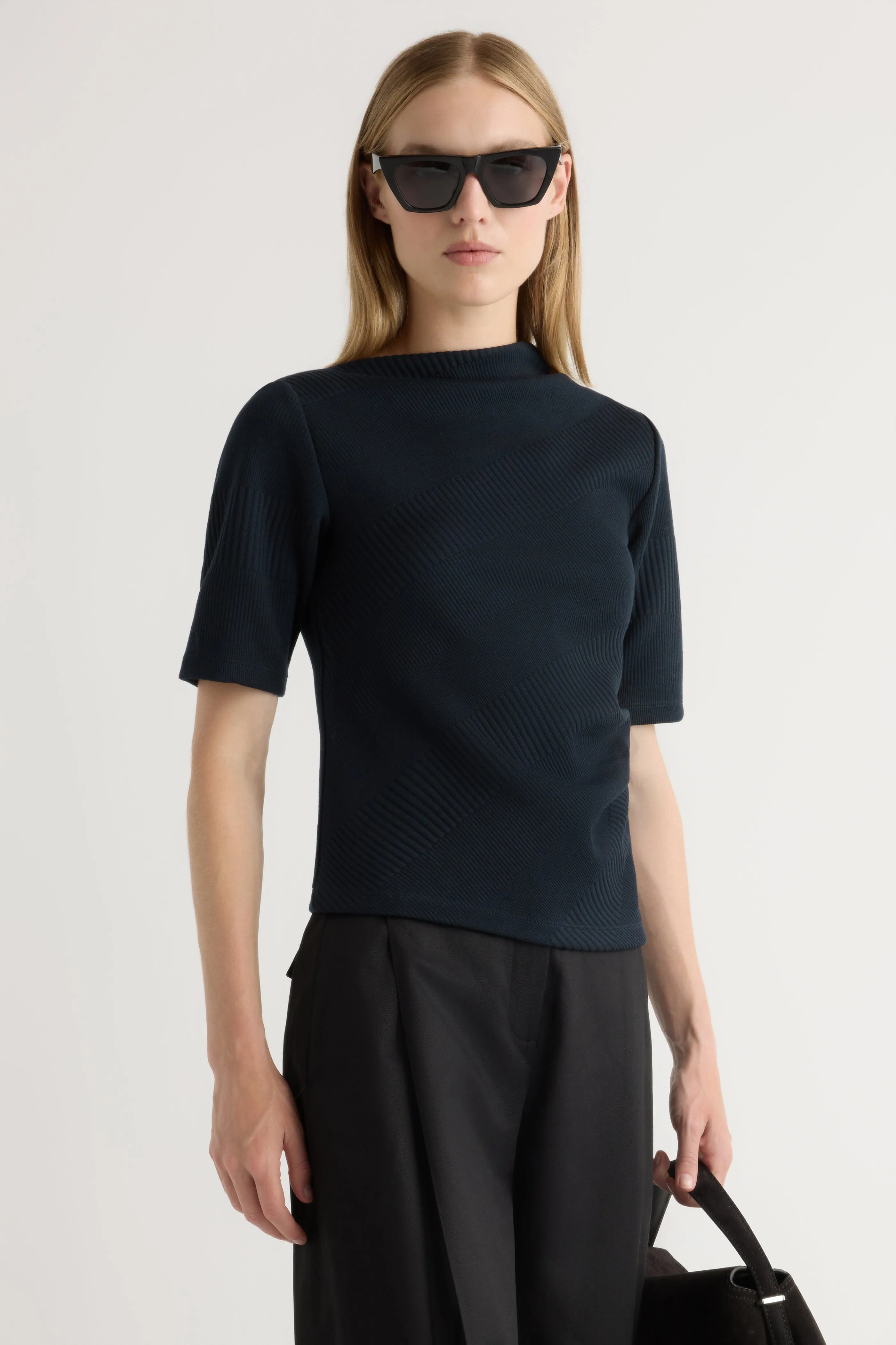 Stretchable Collar Band Raw Hem Finish Pauline Ribbed Asymmetric-Neck Top