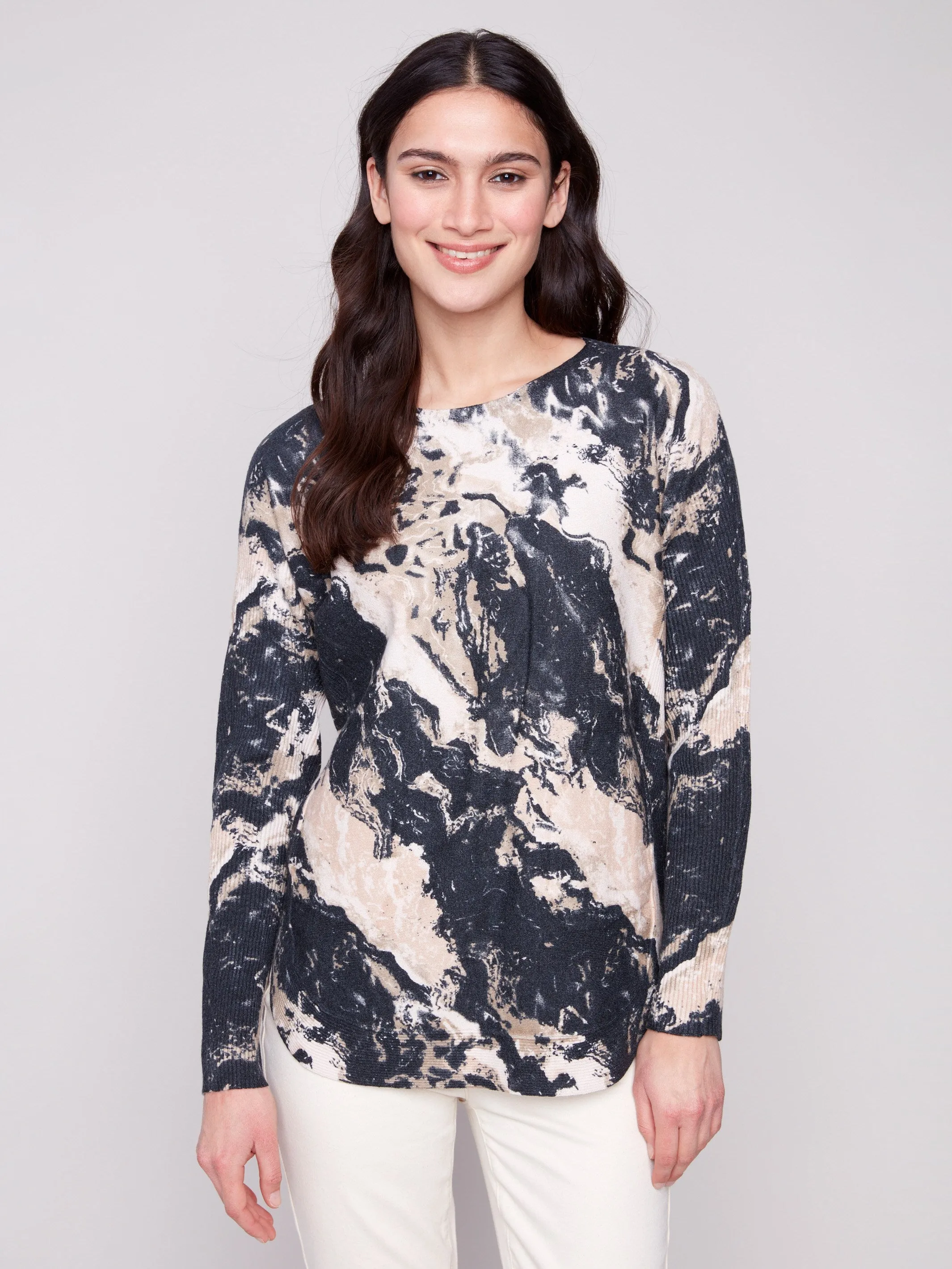 Printed Rounded Hem Sweater - Granite Trendy Knit Seasonal Essentials