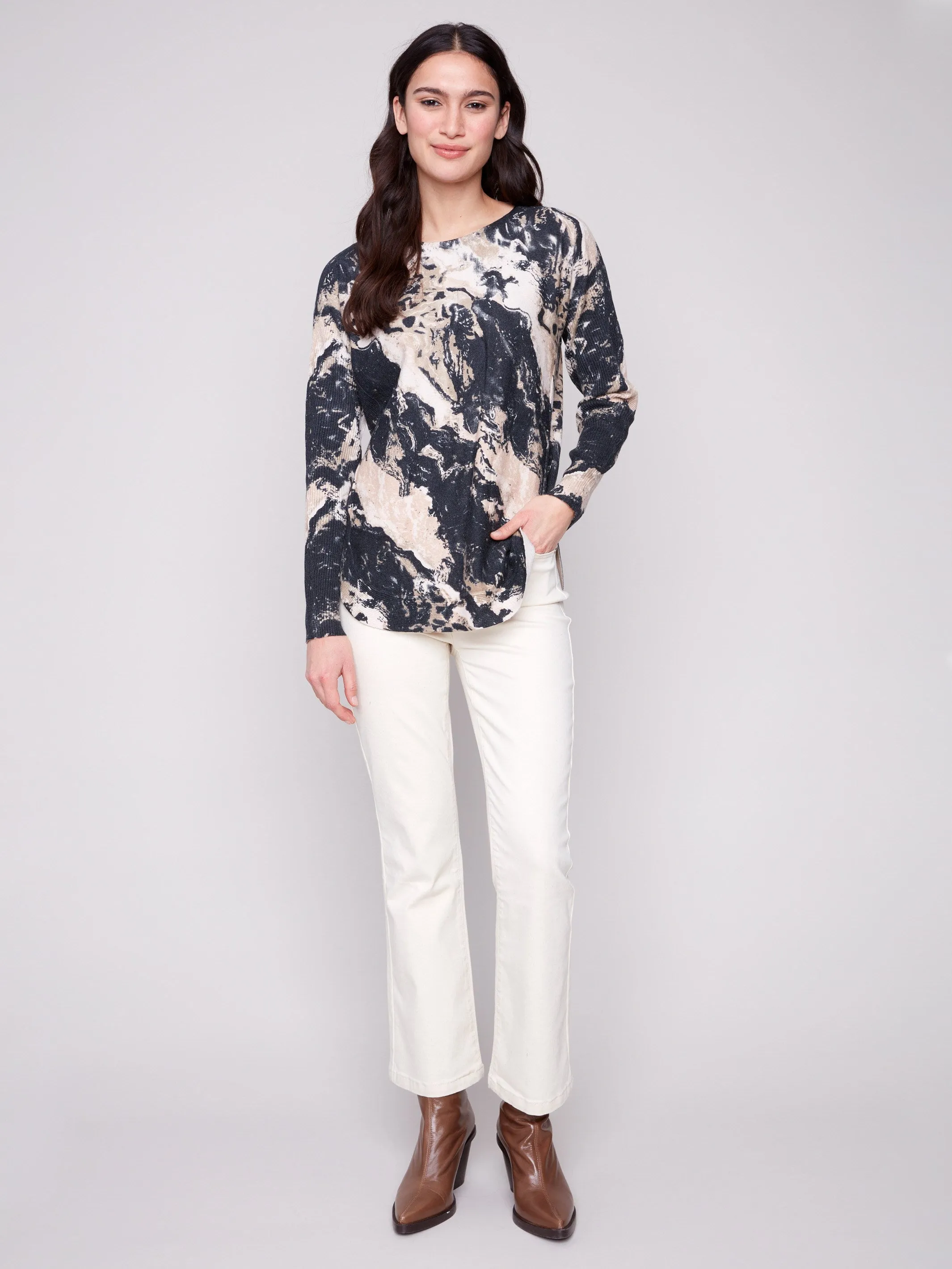 Printed Rounded Hem Sweater - Granite Reinforced Edging