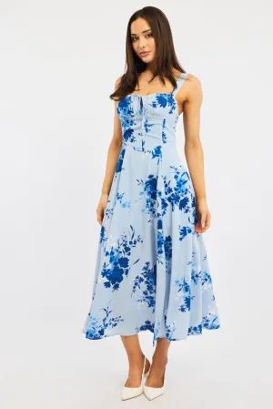 Frost Light Blue Floral Midi Dress Gathered Bust