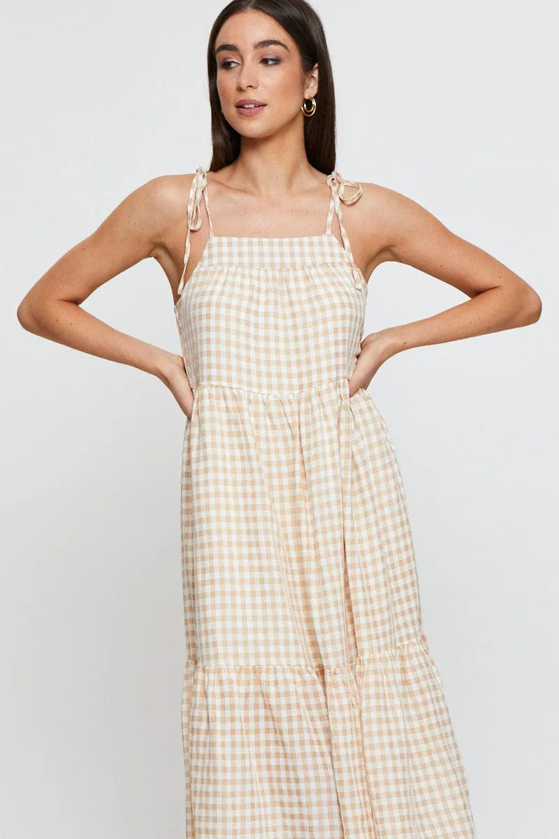 Check Midi Dress Sleeveless Tie Shoulder Trendy Wear Crisp Wind