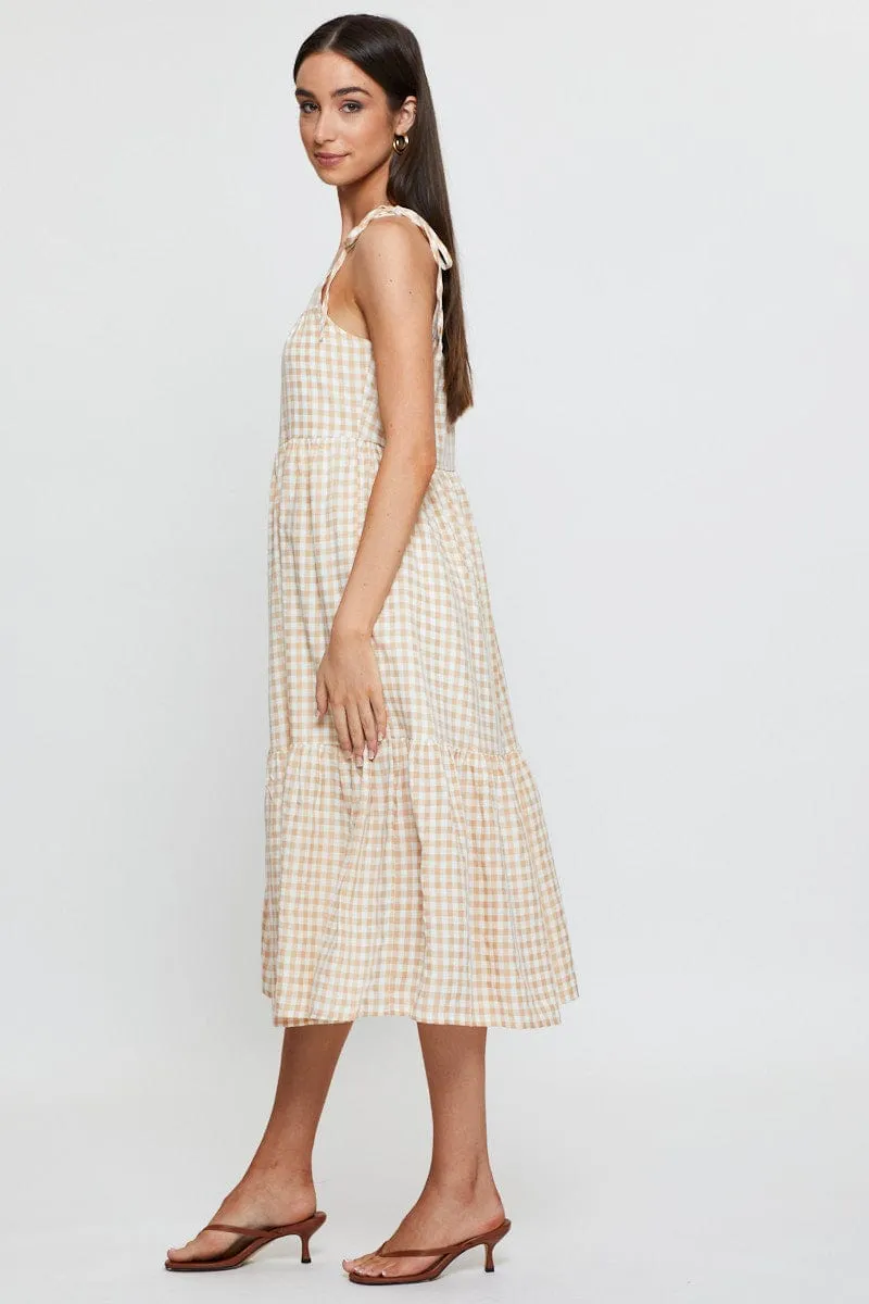 Check Midi Dress Sleeveless Tie Shoulder Polished Look Chic Design