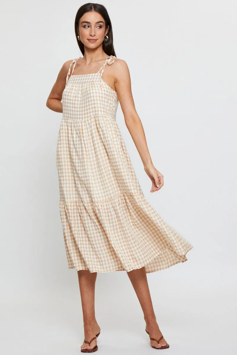 Check Midi Dress Sleeveless Tie Shoulder Opera Hall