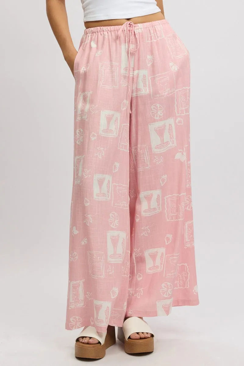Pink Abstract Wide Leg Pants High Rise Curved Waistline Eco Friendly Fabric