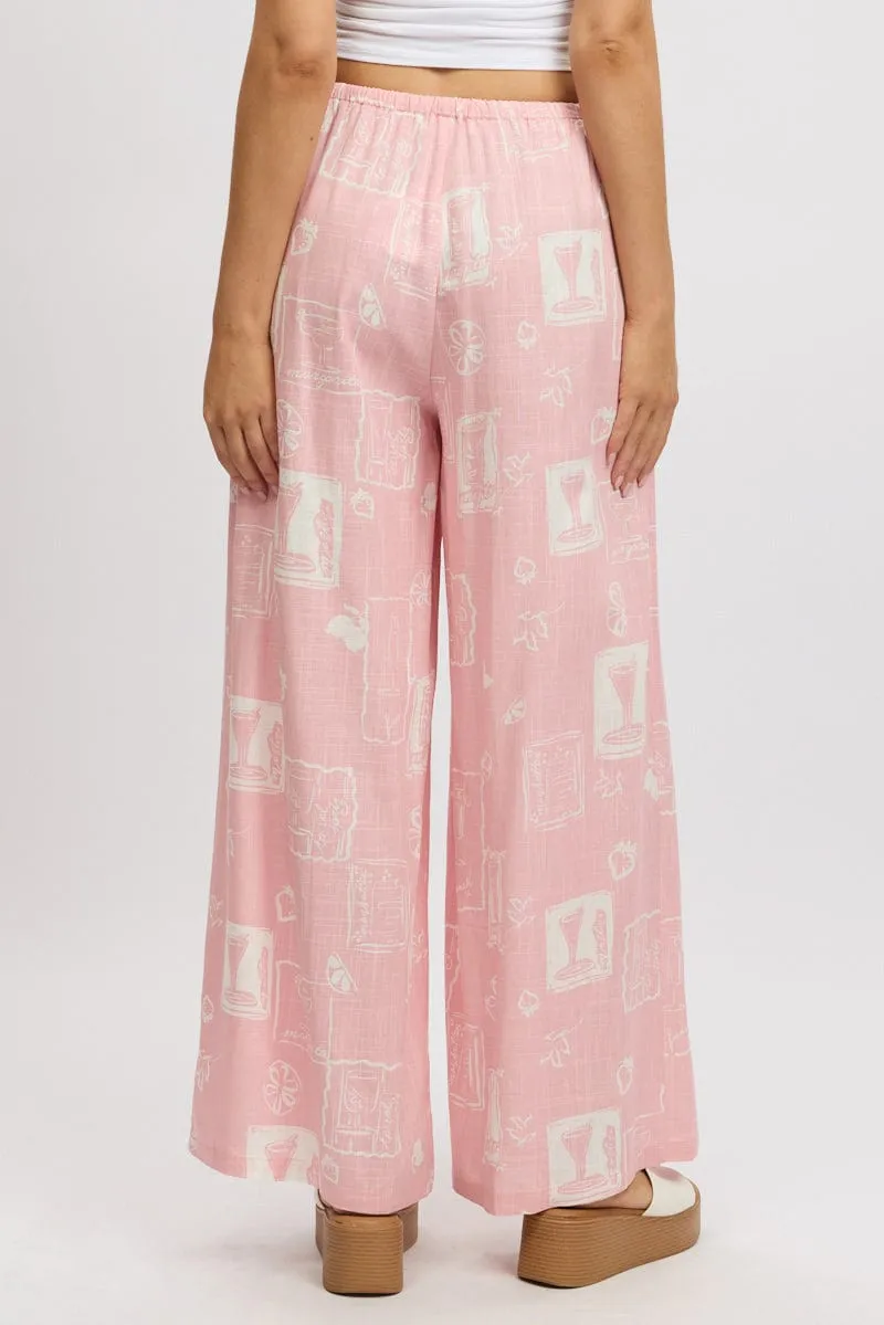 Chic Look Pink Abstract Wide Leg Pants High Rise