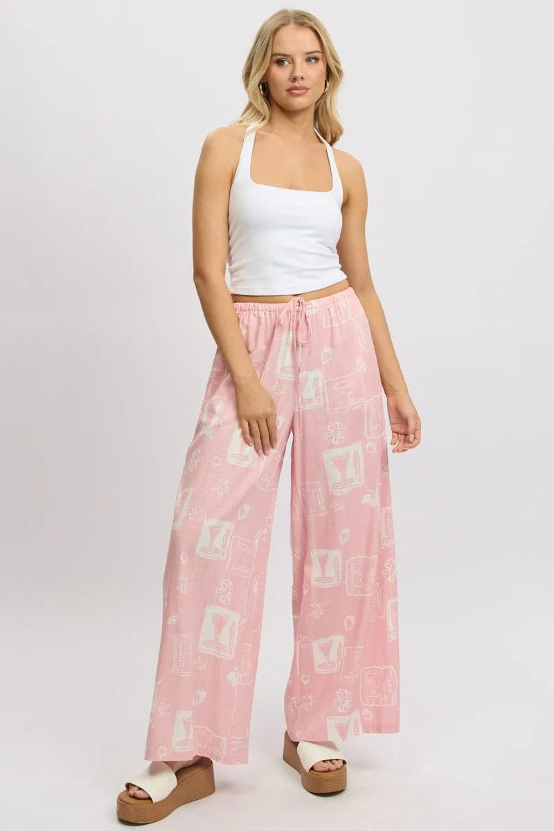 ReinforcedPockets Everyday Comfort Pink Abstract Wide Leg Pants High Rise
