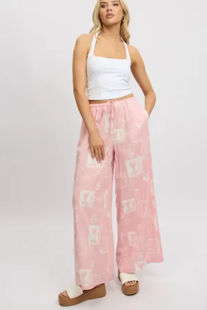 Pink Abstract Wide Leg Pants High Rise Comfortable Style