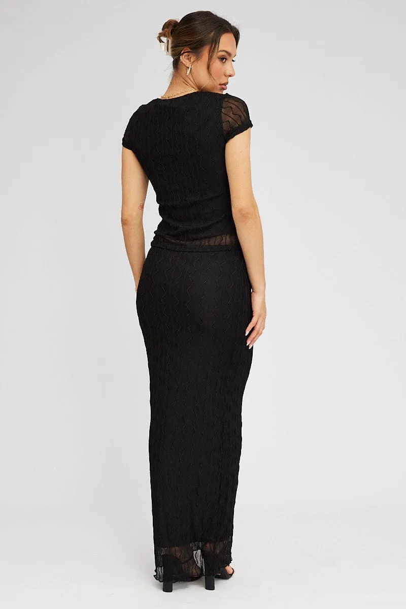 Black Maxi Skirt High Rise Bodycon Elastic Waist Lace Breezy Style Relaxed Vibes