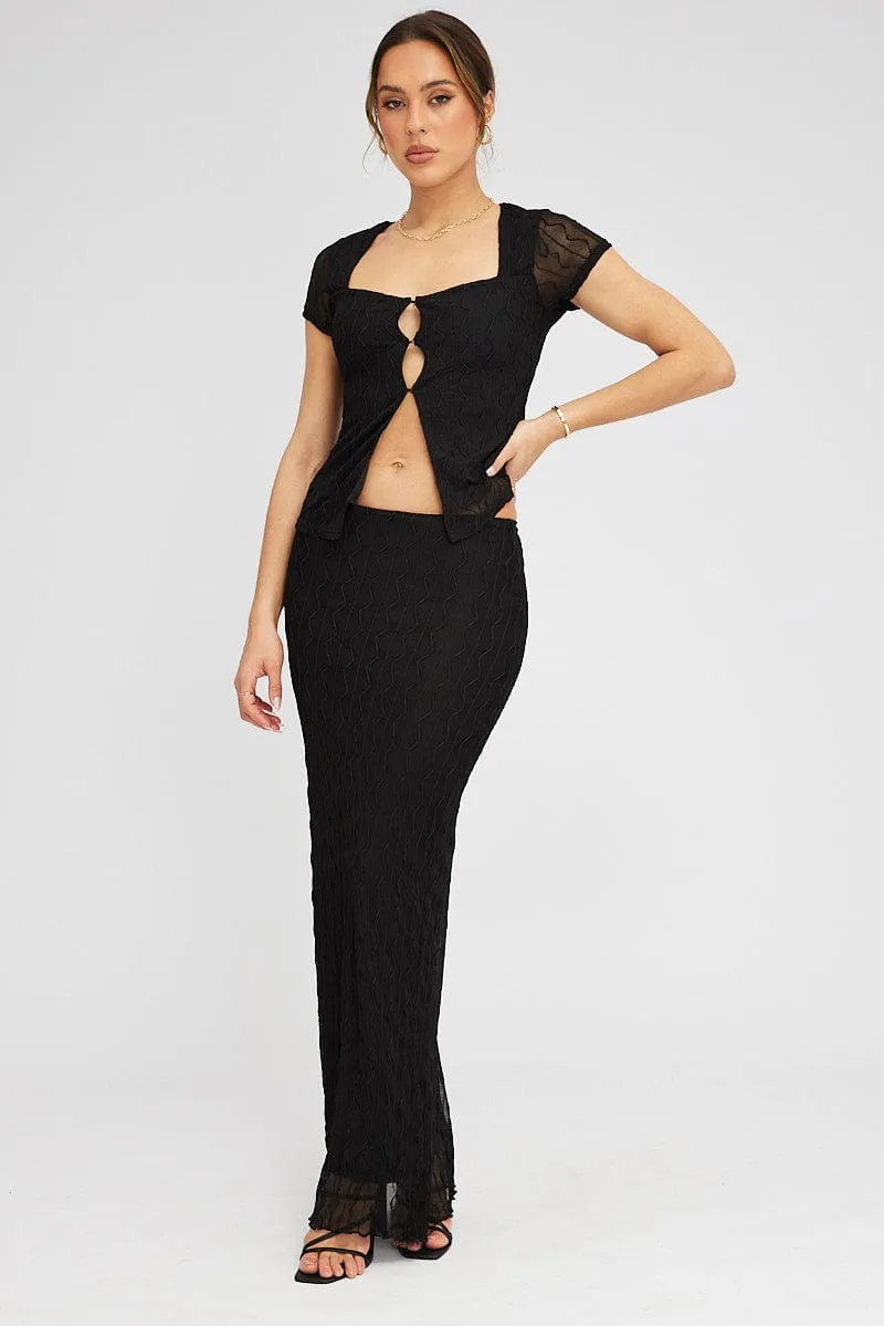 Black Maxi Skirt High Rise Bodycon Elastic Waist Lace Side Slit