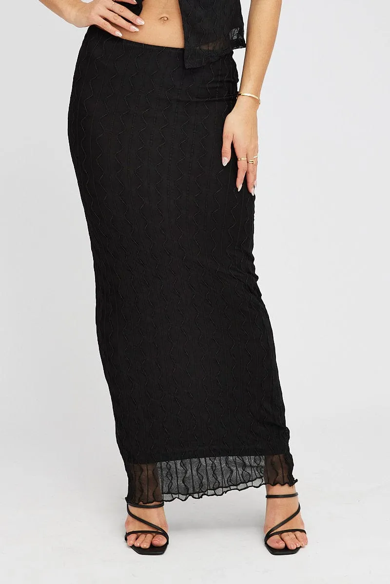 Soft Lining Black Maxi Skirt High Rise Bodycon Elastic Waist Lace