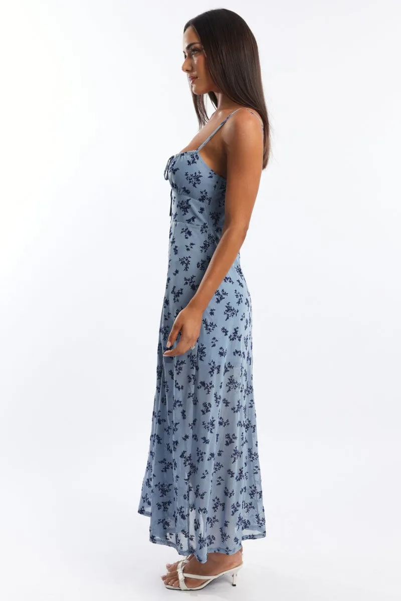 Road Trip Style Easy Blue Ditsy Midi Dress Gathered Bust Burn Out