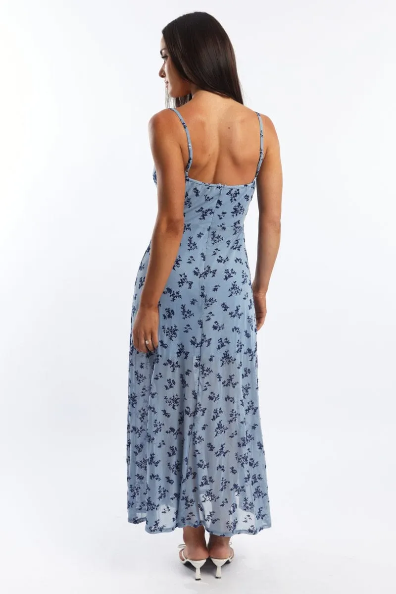 Casual Yet Chic Boho Soul Blue Ditsy Midi Dress Gathered Bust Burn Out