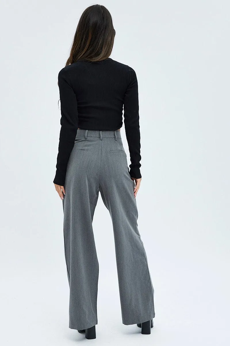 Layered Style Grey Wide Leg Pants Turn Down Waist Low Rise