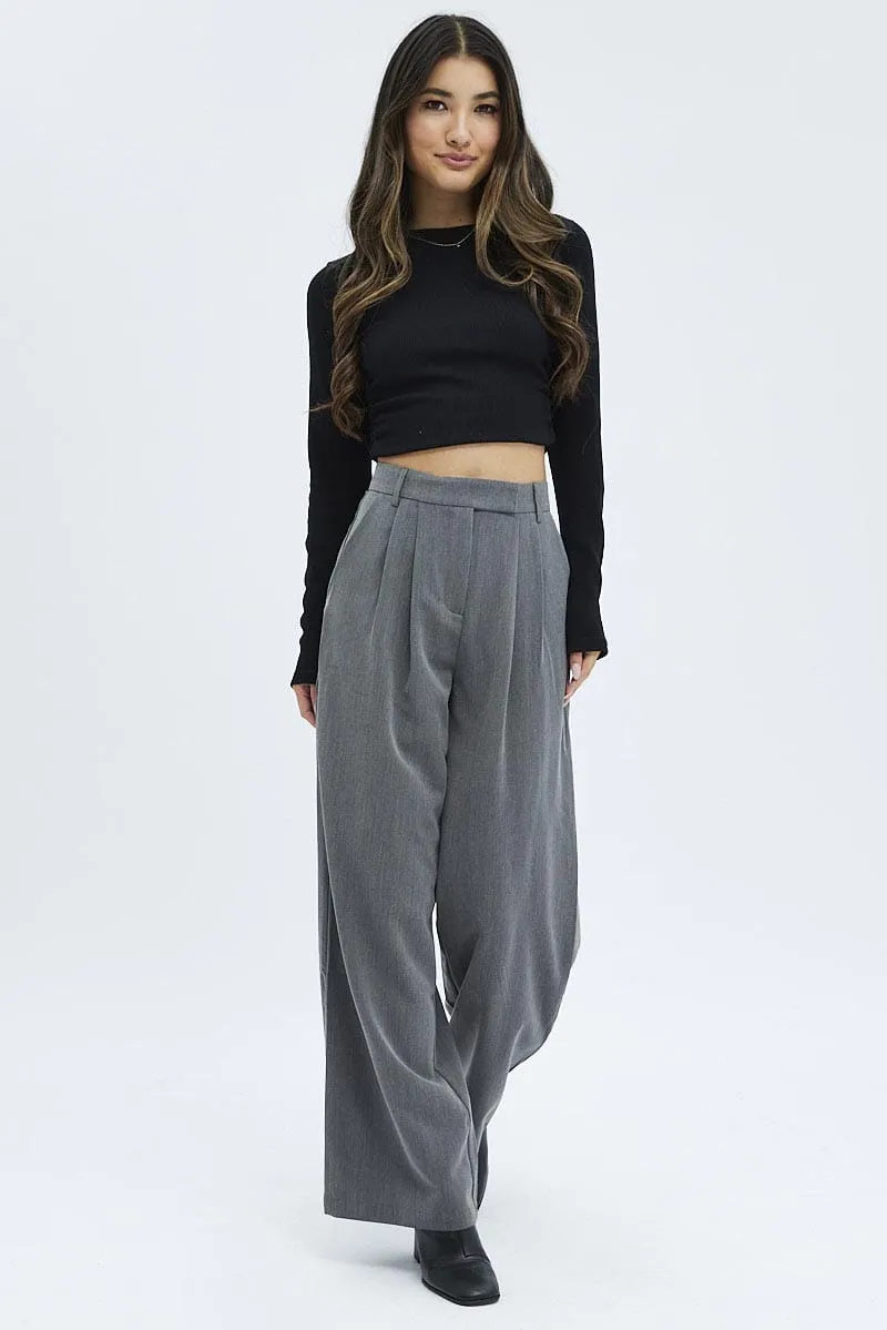Quick Release Buckle Functional Comfort Wear Grey Wide Leg Pants Turn Down Waist Low Rise