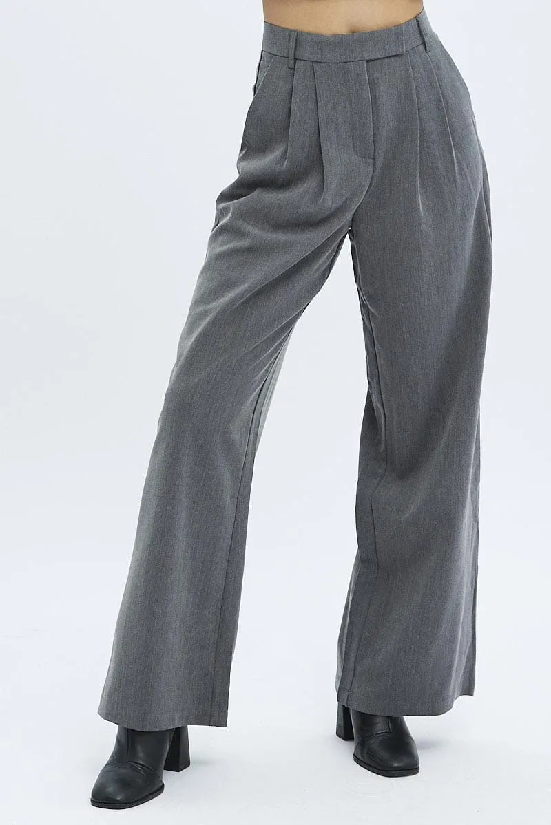 Grey Wide Leg Pants Turn Down Waist Low Rise Quick Conversion Hem ComfortWaistband