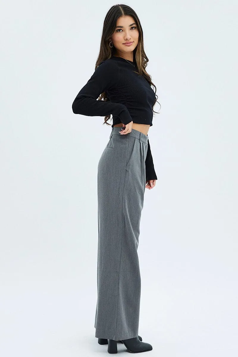 Grey Wide Leg Pants Turn Down Waist Low Rise Perfect Stretch Smart Wear