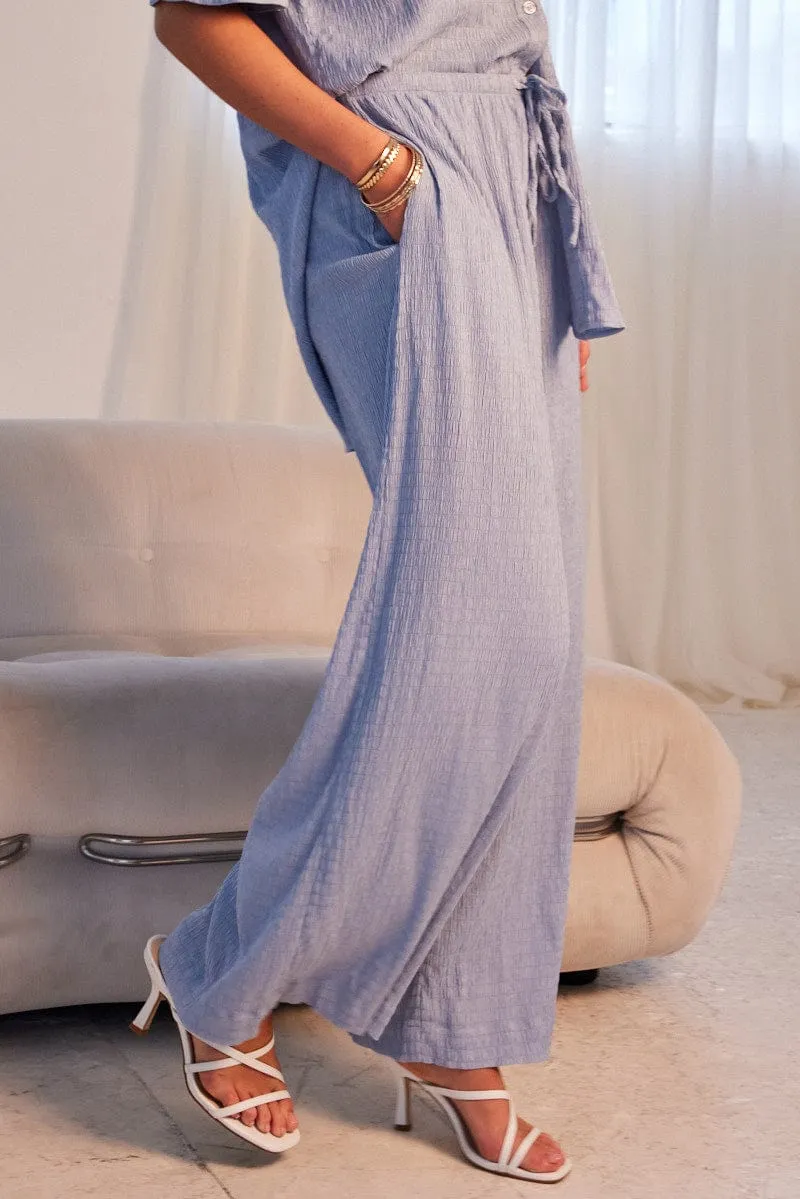 Functional Comfort Relaxed Waist Blue Wide Leg Pants High Rise Textured Fabric