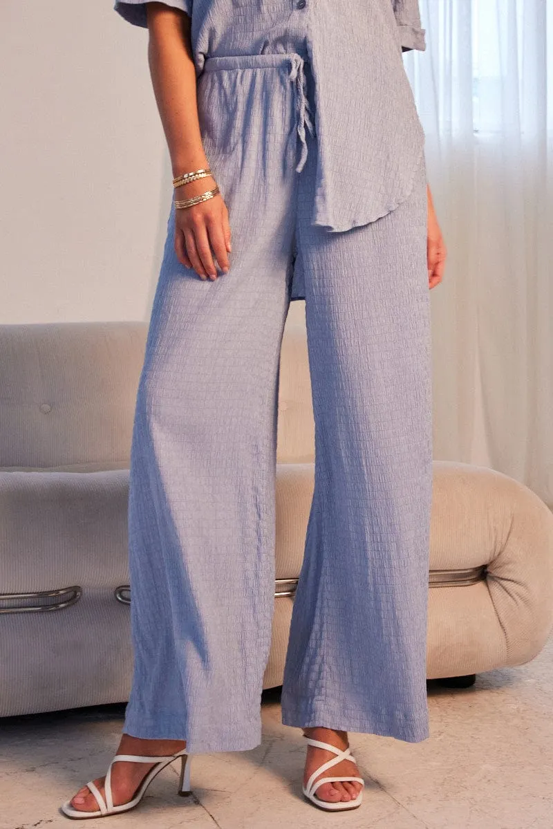 Blue Wide Leg Pants High Rise Textured Fabric Breathable mesh Professional Wear