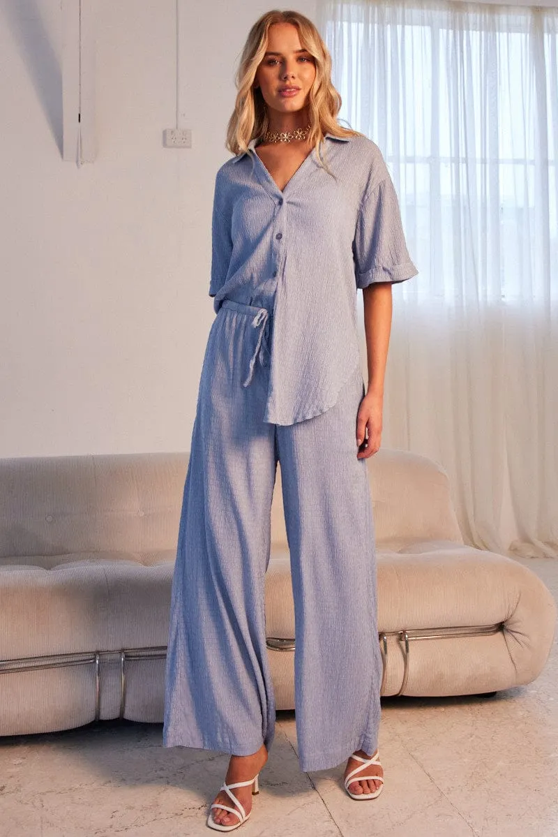 Blue Wide Leg Pants High Rise Textured Fabric Comfortable Stretch