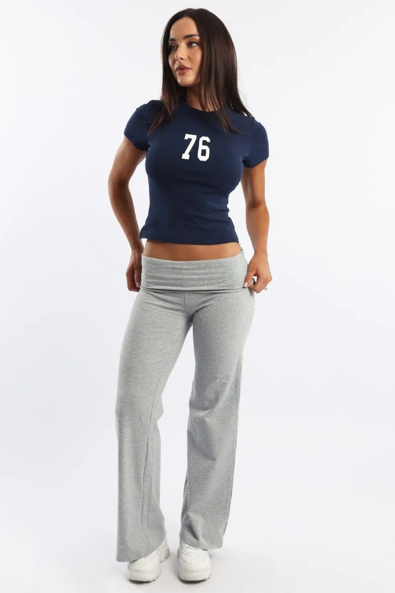 Abrasion Resistant Fabric Grey Wide Leg Pants Folded Waist Jersey