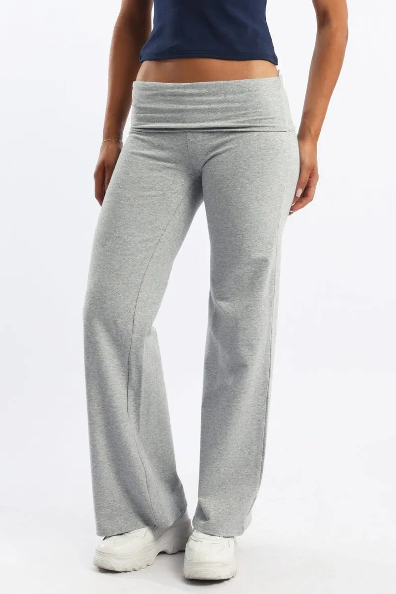 Compact Packability Smart Casual Grey Wide Leg Pants Folded Waist Jersey