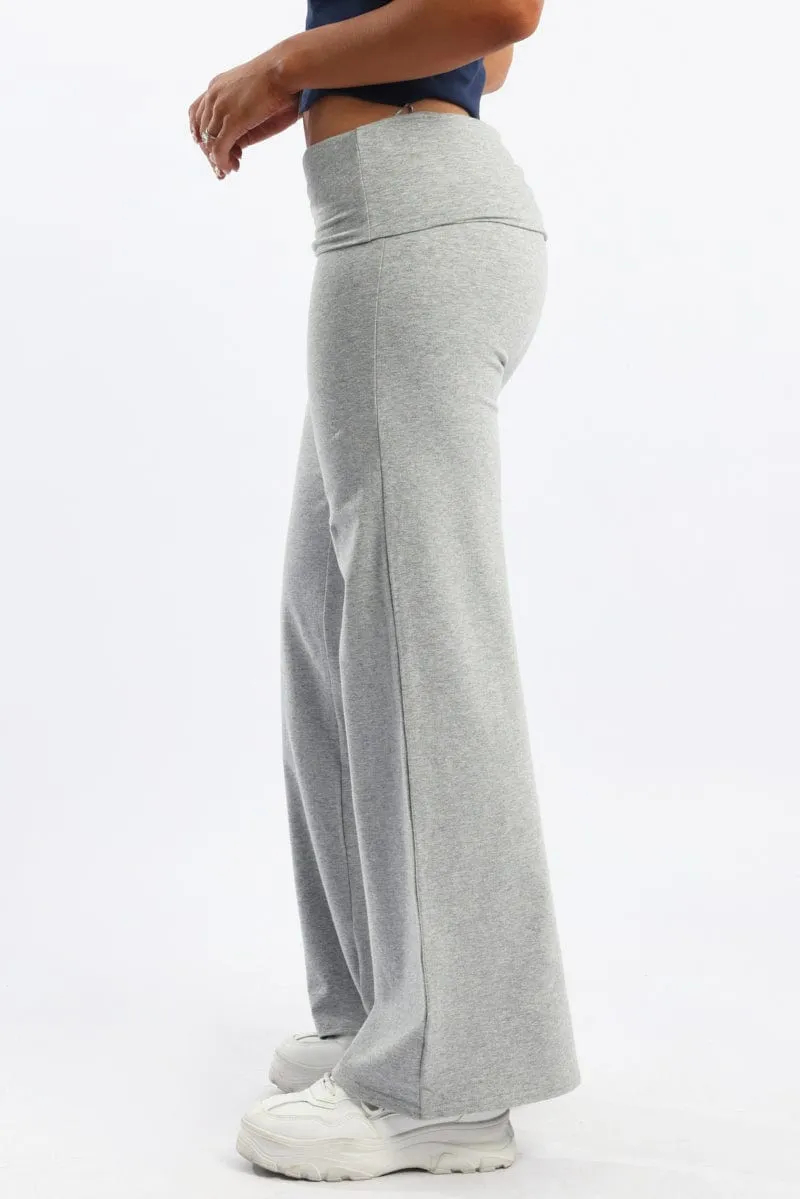Grey Wide Leg Pants Folded Waist Jersey ComfortFit FlexibleMobility